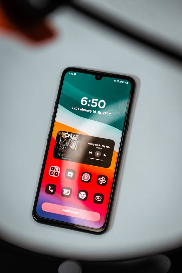 Close-up of a smartphone displaying a music app interface, reflecting modern technology and design.